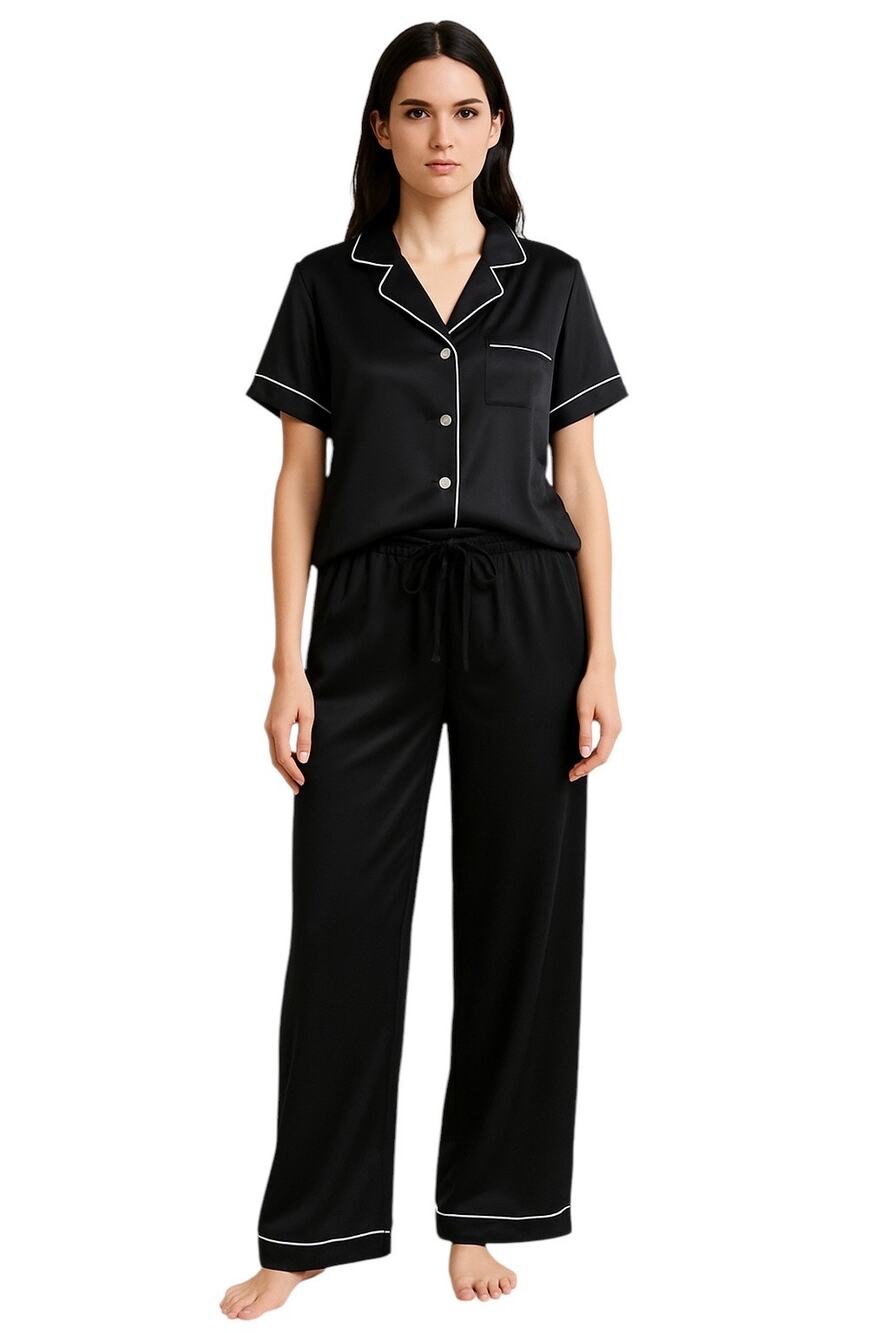 Revelry Black Satin Silk Short Sleeve Button Up Sleepwear Pajamas Pants Set L/XL